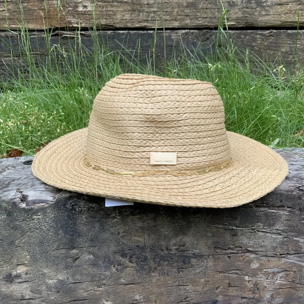 VINCE‎ CAMUTO Chain Trim Woven Paper Panama Hat Natural OS Packable NWT
